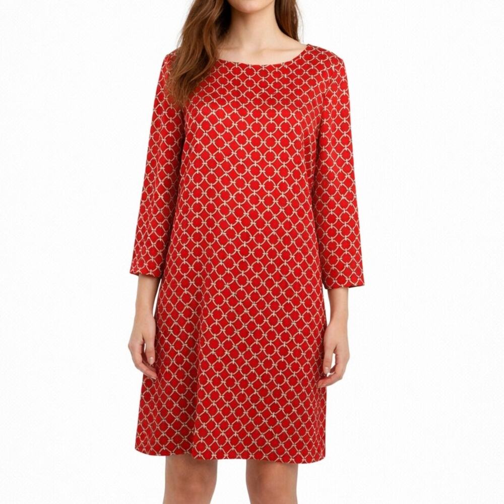 346 Brooks Brothers Red Chain Link Print Shift Dress 3/4 Sleeve Sz 10 Preppy